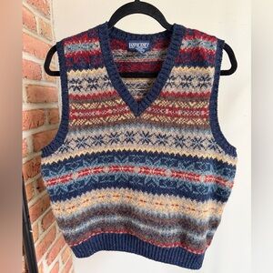 Lands' End V-Neck Fair Isle Sweater Vest - Blue, Red, Cream